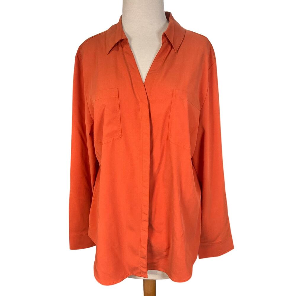 Chico's WomensSize 2 Orange Button Down Shirt Blouse Long Sleeve Oversized Modal